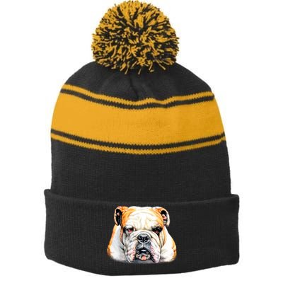 Bulldog Face Front Stripe Pom Pom Beanie