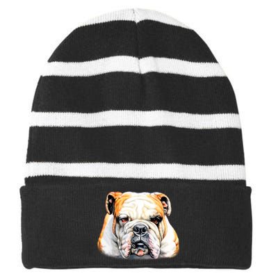 Bulldog Face Front Striped Beanie with Solid Band