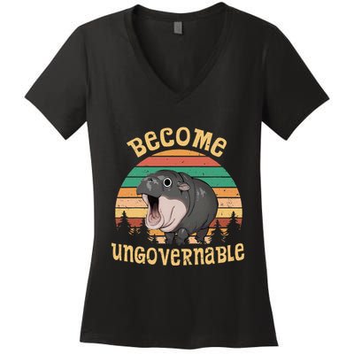 Become Ungovernable Moo Deng Baby Pygmy Hippo Women's V-Neck T-Shirt