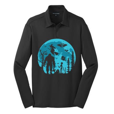 Bigfoot UFO Moon Alien Extra Terrestrial Halloween Silk Touch Performance Long Sleeve Polo