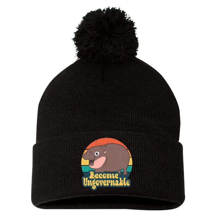 Become Ungovernable Moo Deng Humor Pom Pom 12in Knit Beanie