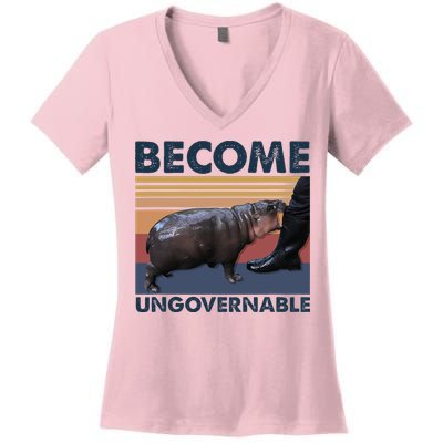 Become Ungovernable Moo Deng Cute Baby Hippo Women's V-Neck T-Shirt