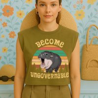 Become Ungovernable Moo Deng Baby Pygmy Hippo Garment-Dyed Women's Muscle Tee
