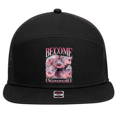 Become Ungovernable Moo Deng Funny Baby Hippo 7 Panel Mesh Trucker Snapback Hat