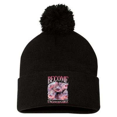 Become Ungovernable Moo Deng Funny Baby Hippo Pom Pom 12in Knit Beanie