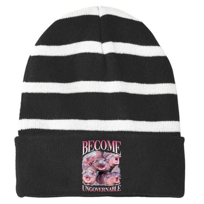 Become Ungovernable Moo Deng Funny Baby Hippo Striped Beanie with Solid Band