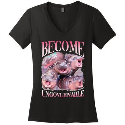Become Ungovernable Moo Deng Funny Baby Hippo Women's V-Neck T-Shirt