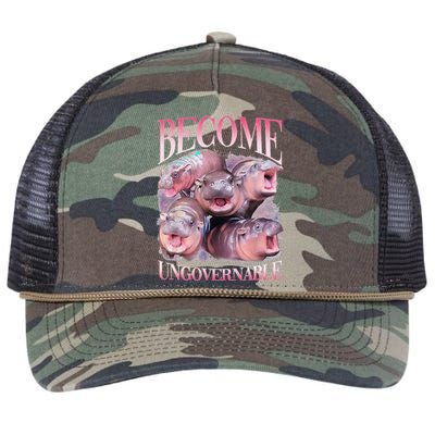 Become Ungovernable Moo Deng Funny Baby Hippo Retro Rope Trucker Hat Cap