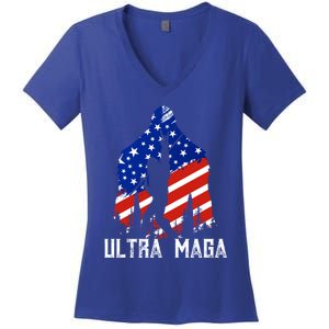 Bigfoot Ultra Maga Usa Flag For Sasquatch Trump Lover 2024 Gift Women's V-Neck T-Shirt