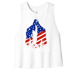 Bigfoot Ultra Maga Usa Flag For Sasquatch Trump Lover 2024 Gift Women's Racerback Cropped Tank