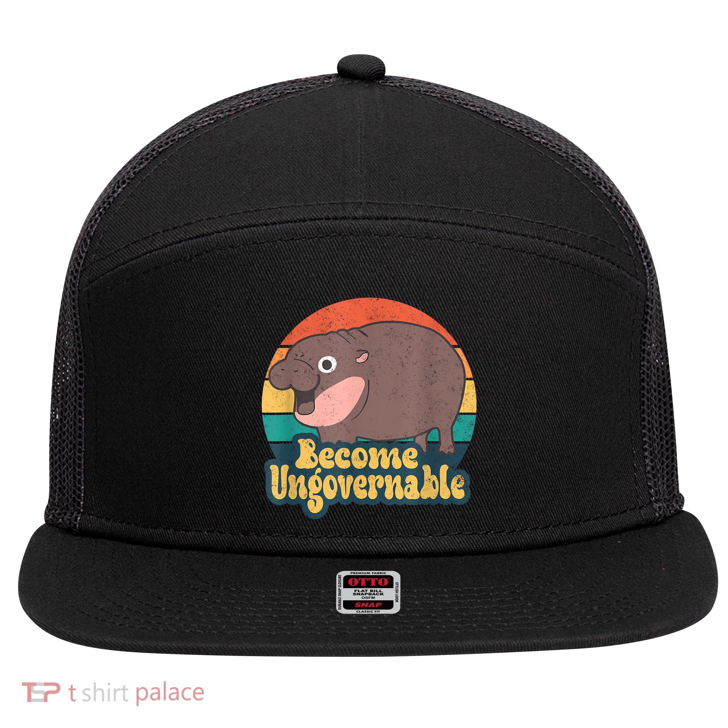 Become Ungovernable Moo Deng Humor Cute Baby Hippo Joke 7 Panel Mesh Trucker Snapback Hat
