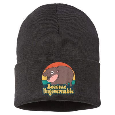 Become Ungovernable Moo Deng Humor Cute Baby Hippo Joke Sustainable Knit Beanie