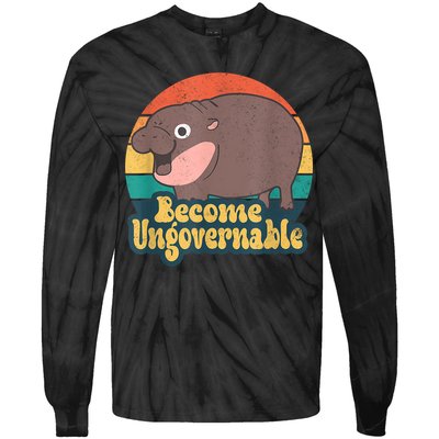 Become Ungovernable Moo Deng Humor Cute Baby Hippo Joke Tie-Dye Long Sleeve Shirt