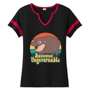 Become Ungovernable Moo Deng Humor Cute Baby Hippo Joke Ladies Halftime Notch Neck Tee