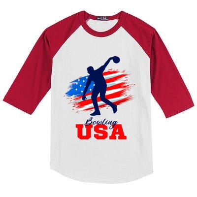 Bowling USA Support Team American Flag Bowling Sports Lover Premium Kids Colorblock Raglan Jersey