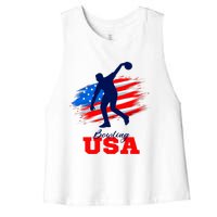 Bowling USA Support Team American Flag Bowling Sports Lover Premium Women's Racerback Cropped Tank