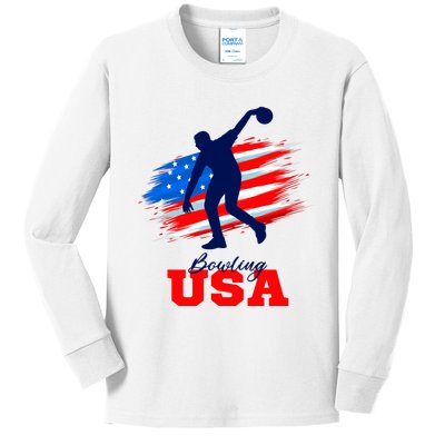 Bowling USA Support Team American Flag Bowling Sports Lover Premium Kids Long Sleeve Shirt