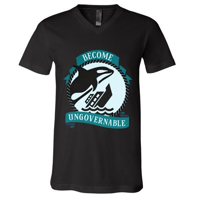 Become Ungovernable Ship Wreck Killer Whale Funny Marine Sciene Eat The Rich V-Neck T-Shirt