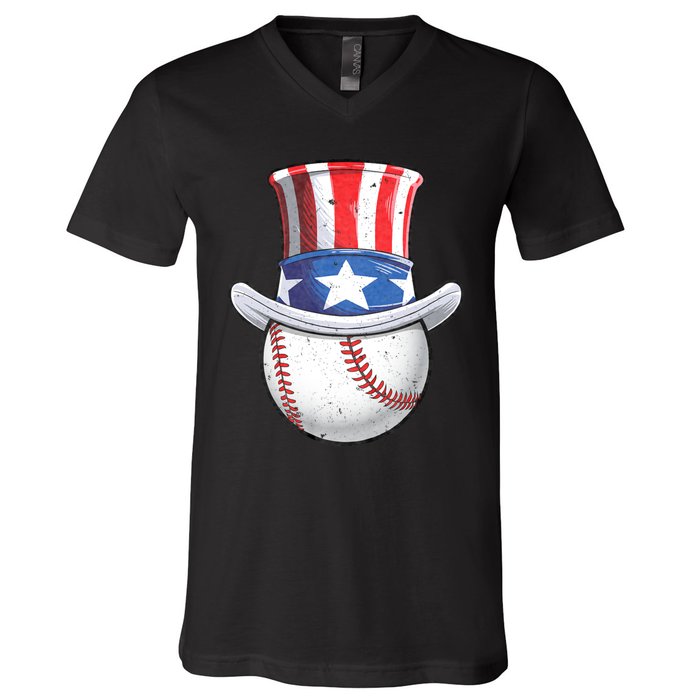 Baseball Uncle Sam 4th Of July American Flag V-Neck T-Shirt