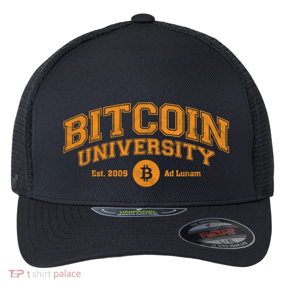 Bitcoin University To The Moon, Funny Distressed College BTC Flexfit Unipanel Trucker Cap