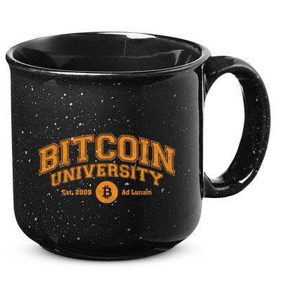 Bitcoin University To The Moon, Funny Distressed College BTC 15oz Campfire Ceramic Mug