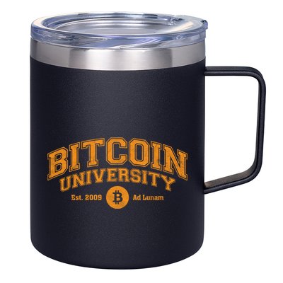Bitcoin University To The Moon, Funny Distressed College BTC 12oz Stainless Steel Coffee Mug