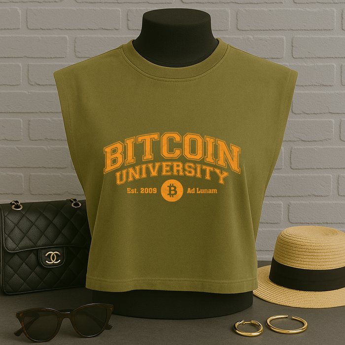 Bitcoin University To The Moon, Funny Distressed College BTC Garment-Dyed Women's Muscle Tee