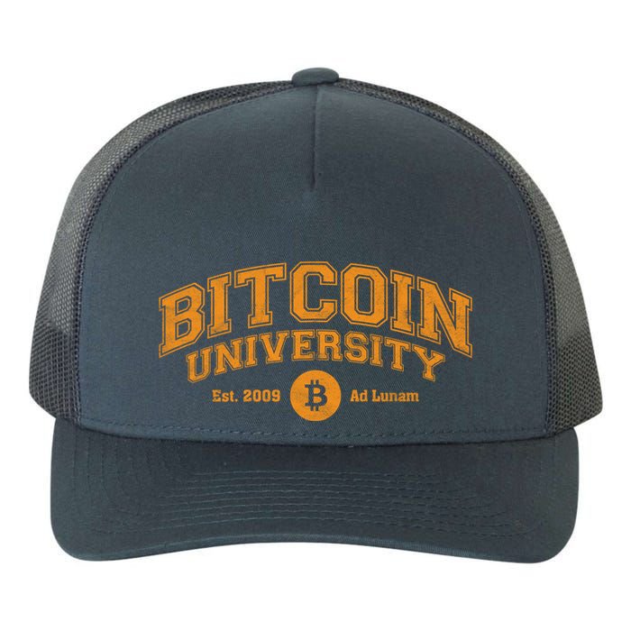 Bitcoin University To The Moon, Funny Distressed College BTC Yupoong Adult 5-Panel Trucker Hat