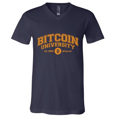 Bitcoin University To The Moon, Funny Distressed College BTC V-Neck T-Shirt