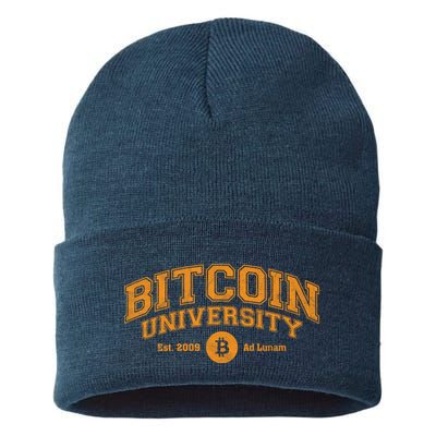Bitcoin University To The Moon, Funny Distressed College BTC Sustainable Knit Beanie