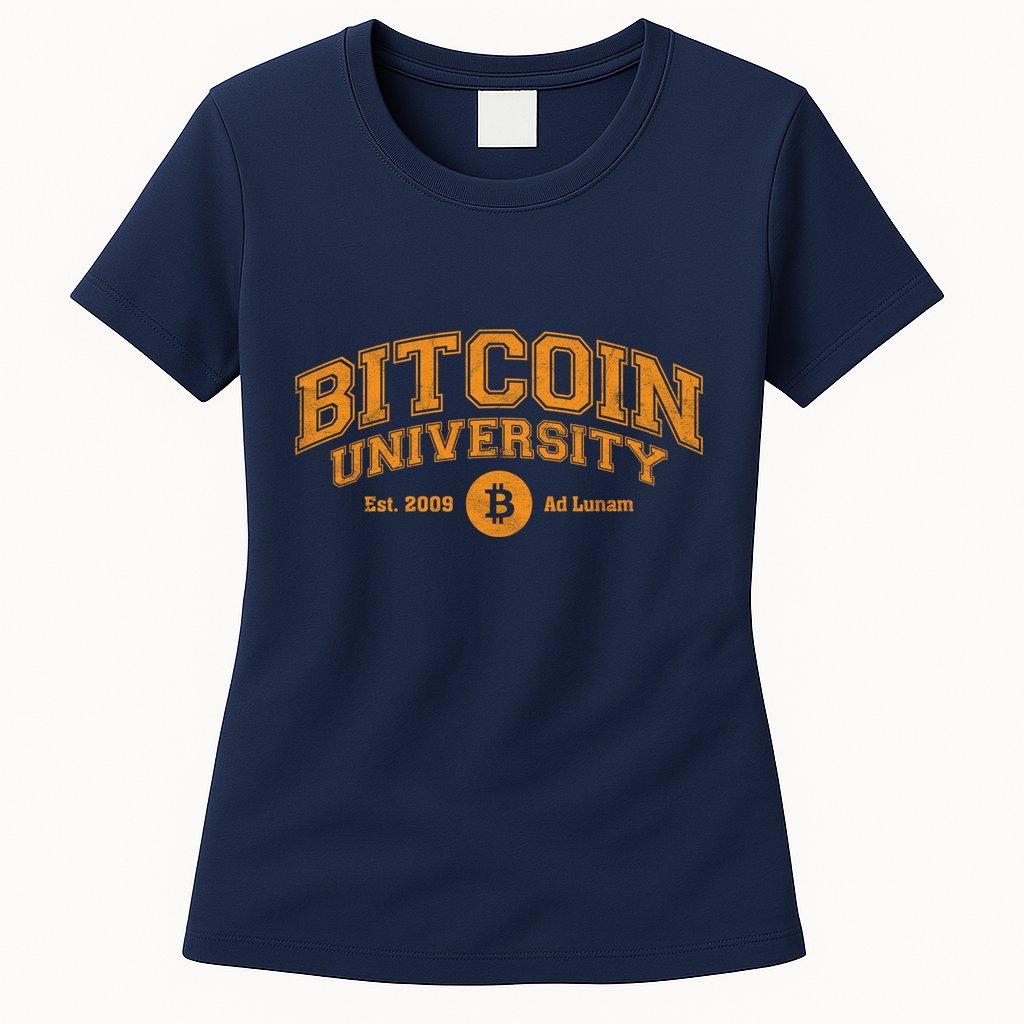 Bitcoin University To The Moon, Funny Distressed College BTC Womens T-Shirt