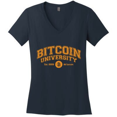 Bitcoin University To The Moon, Funny Distressed College BTC Women's V-Neck T-Shirt