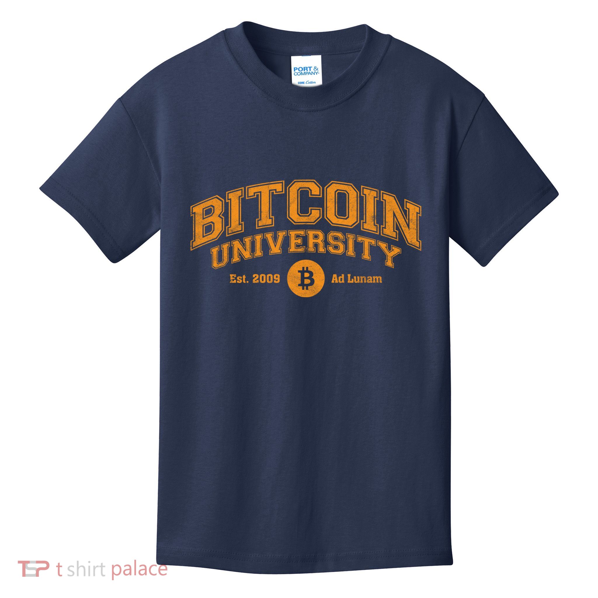 Bitcoin University To The Moon, Funny Distressed College BTC Kids T-Shirt