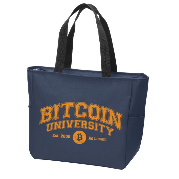 Bitcoin University To The Moon, Funny Distressed College BTC Zip Tote Bag