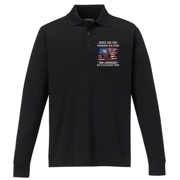 Back Up Terry Put It In Reverse Funny 4th Of July Distressed Performance Long Sleeve Polo