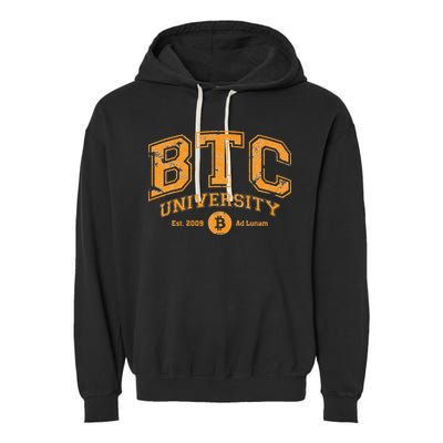 BTC University To The Moon Funny Distressed Bitcoin College Garment-Dyed Fleece Hoodie
