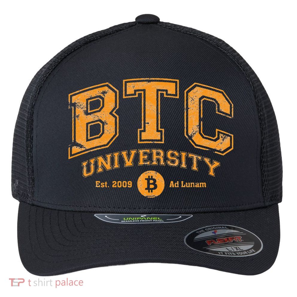 BTC University To The Moon Funny Distressed Bitcoin College Flexfit Unipanel Trucker Cap