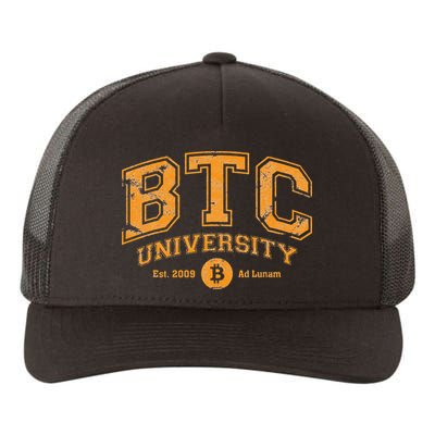 BTC University To The Moon Funny Distressed Bitcoin College Yupoong Adult 5-Panel Trucker Hat