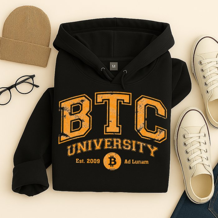 BTC University To The Moon Funny Distressed Bitcoin College Hoodie