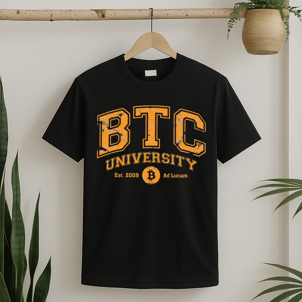 BTC University To The Moon Funny Distressed Bitcoin College T-Shirt