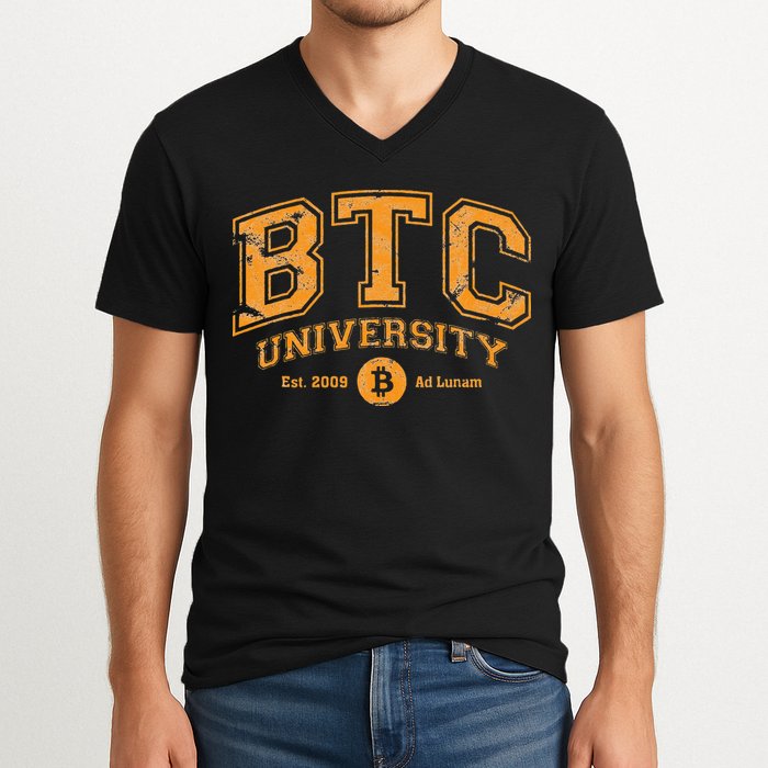 BTC University To The Moon Funny Distressed Bitcoin College V-Neck T-Shirt