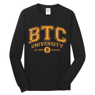 BTC University To The Moon Funny Distressed Bitcoin College Tall Long Sleeve T-Shirt