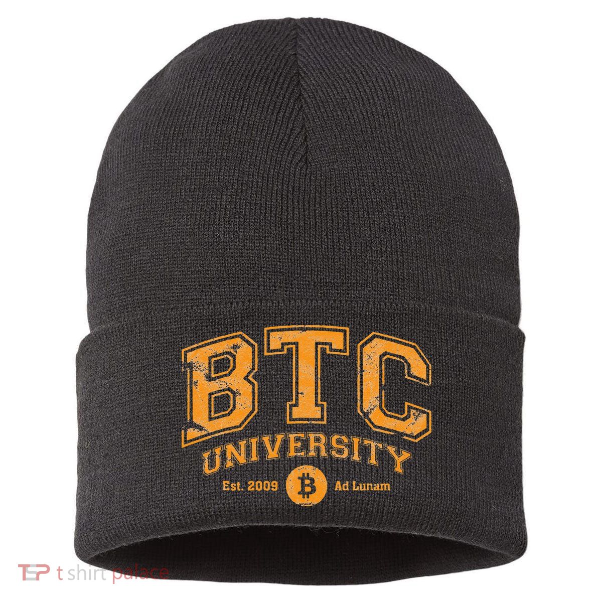 BTC University To The Moon Funny Distressed Bitcoin College Sustainable Knit Beanie