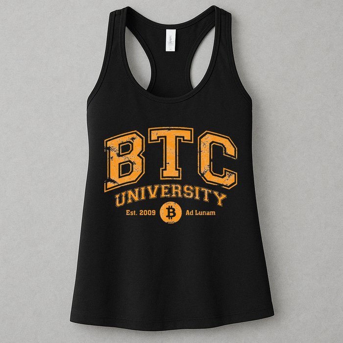 BTC University To The Moon Funny Distressed Bitcoin College Womens Tank Top