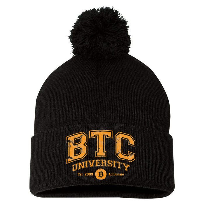 BTC University To The Moon Funny Distressed Bitcoin College Pom Pom 12in Knit Beanie