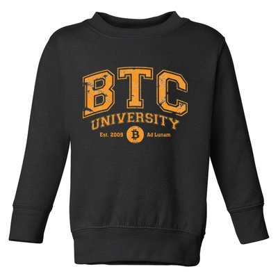 BTC University To The Moon Funny Distressed Bitcoin College Toddler Sweatshirt