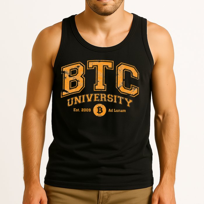 BTC University To The Moon Funny Distressed Bitcoin College Tank Top