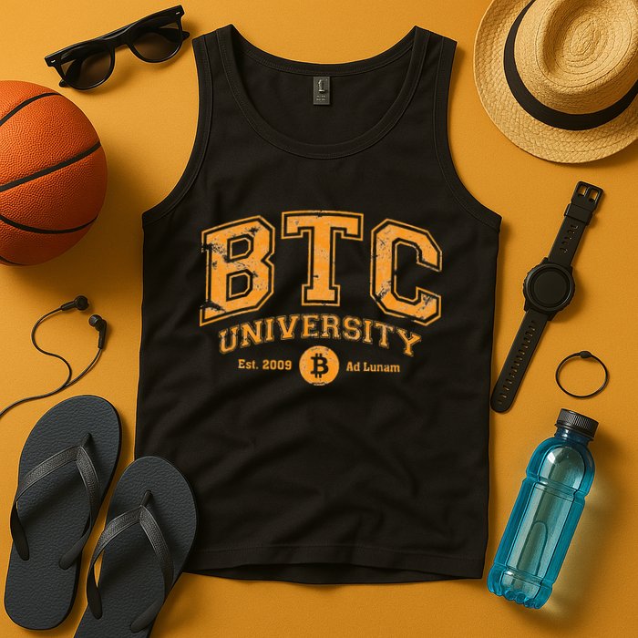 BTC University To The Moon Funny Distressed Bitcoin College Tank Top