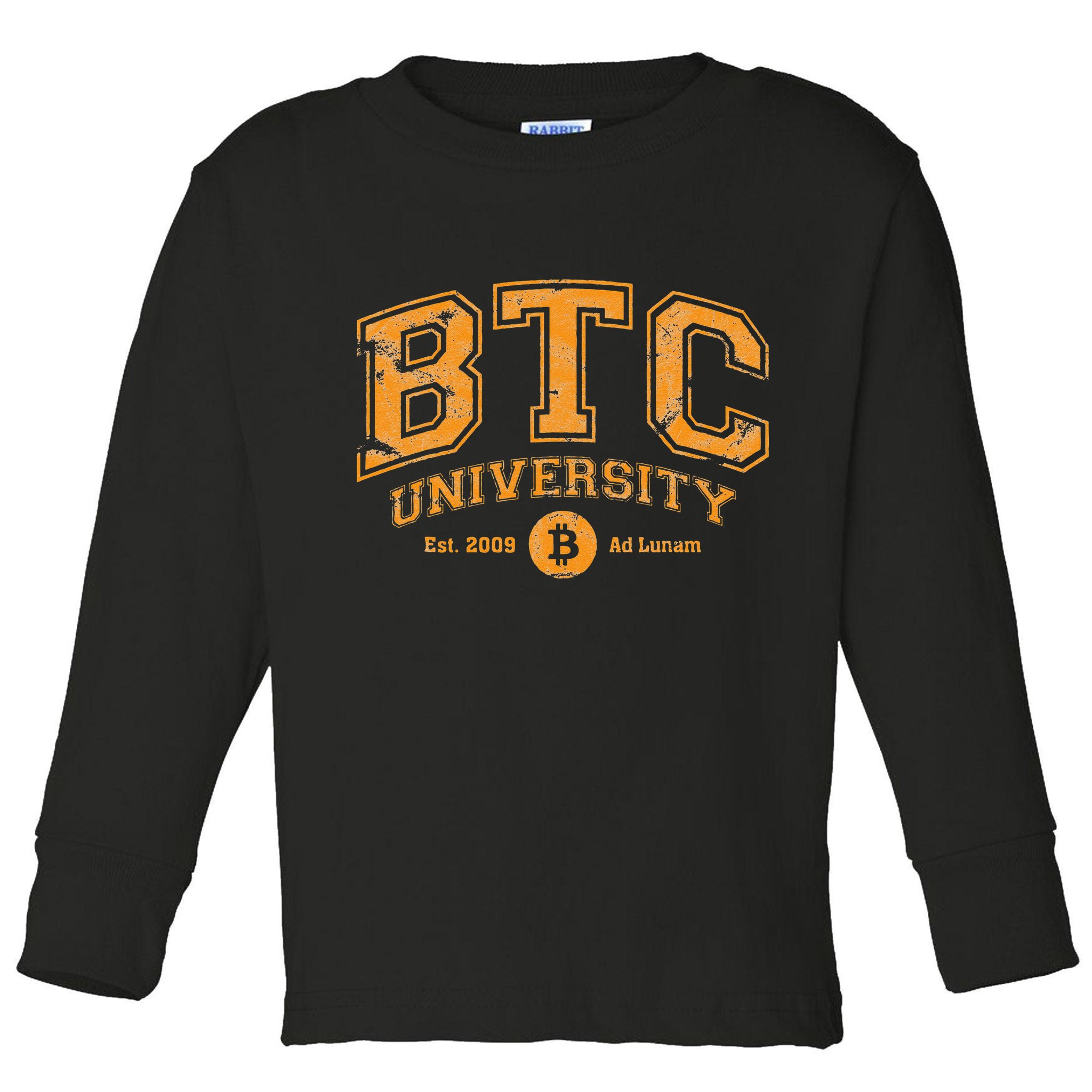 BTC University To The Moon Funny Distressed Bitcoin College Toddler Long Sleeve Shirt