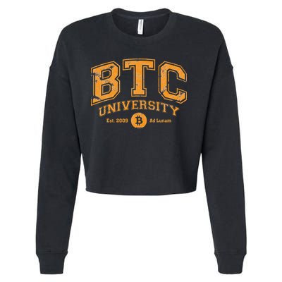 BTC University To The Moon Funny Distressed Bitcoin College Cropped Pullover Crew